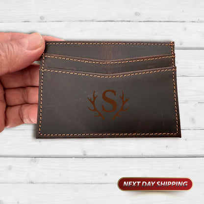 Monogram Leather Card Holder, Veteran day Card Holder, Minimalist Card Holder, Engraved Minimalist Wallet, Men's Leather Small Card Wallet