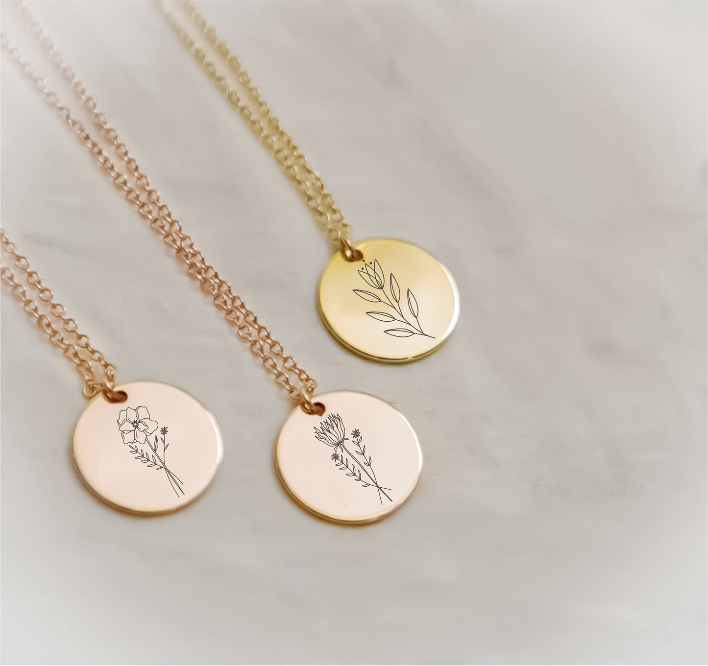 Custom Disk Necklace, Engraved Disc, Monogram Coin, Flower Necklace, , Gold Coin Necklace