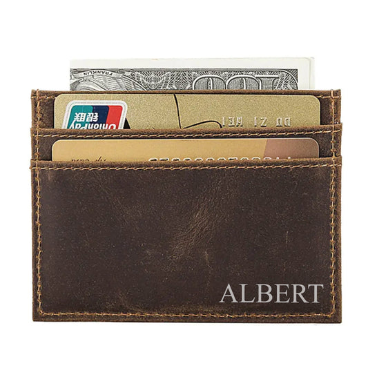 Leather Card Holder, Fathers Day Gift, Personalized Slim Wallet, Valentine Gift Custom Slim Front Pocket Wallet, Minimalist -DARK BROWN