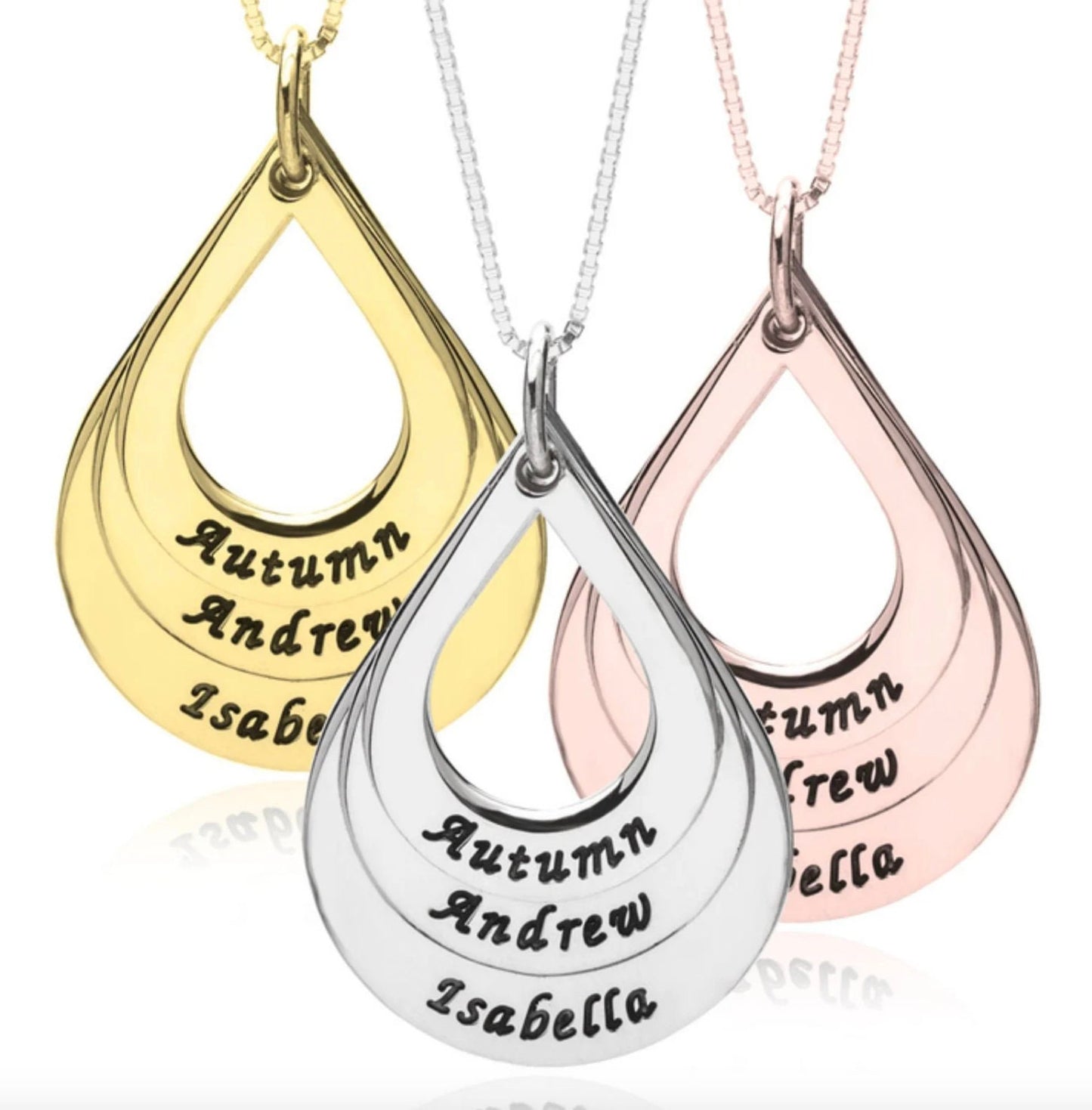 Mother Day Necklace with Kids Names, Valentine Gift Necklace, Engraved 3 Drop Pendants, Custom Family Jewelry, 3 Names Water Drop Necklace