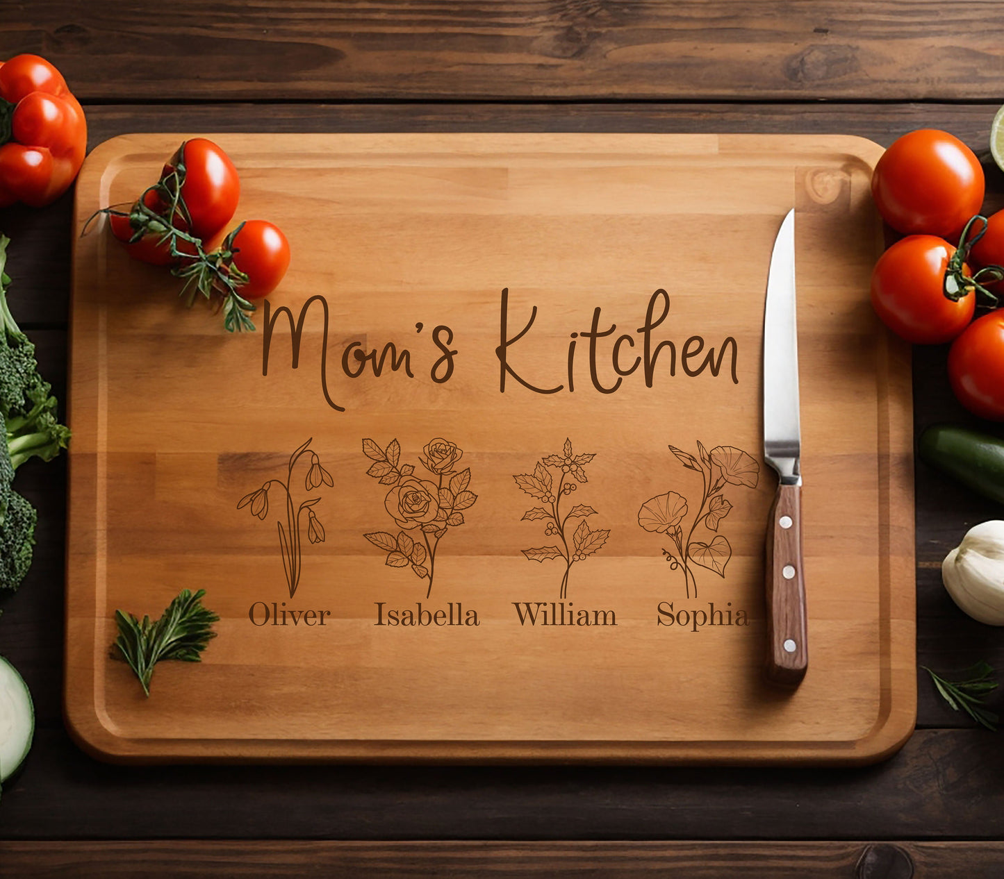 Mom's Kitchen Bamboo Cutting Board, Custom Christmas Gift Board, Mothers Day Cutting Board, Valentine's Gifts for Mom, Holiday Season Gifts