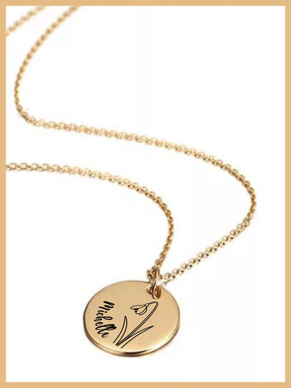 Custom Name Engraved Coin Necklace, Combined Birth Flower Necklace, Personalized Birth Flower Necklace, Mothers Day Necklace Gift, Mom Gifts