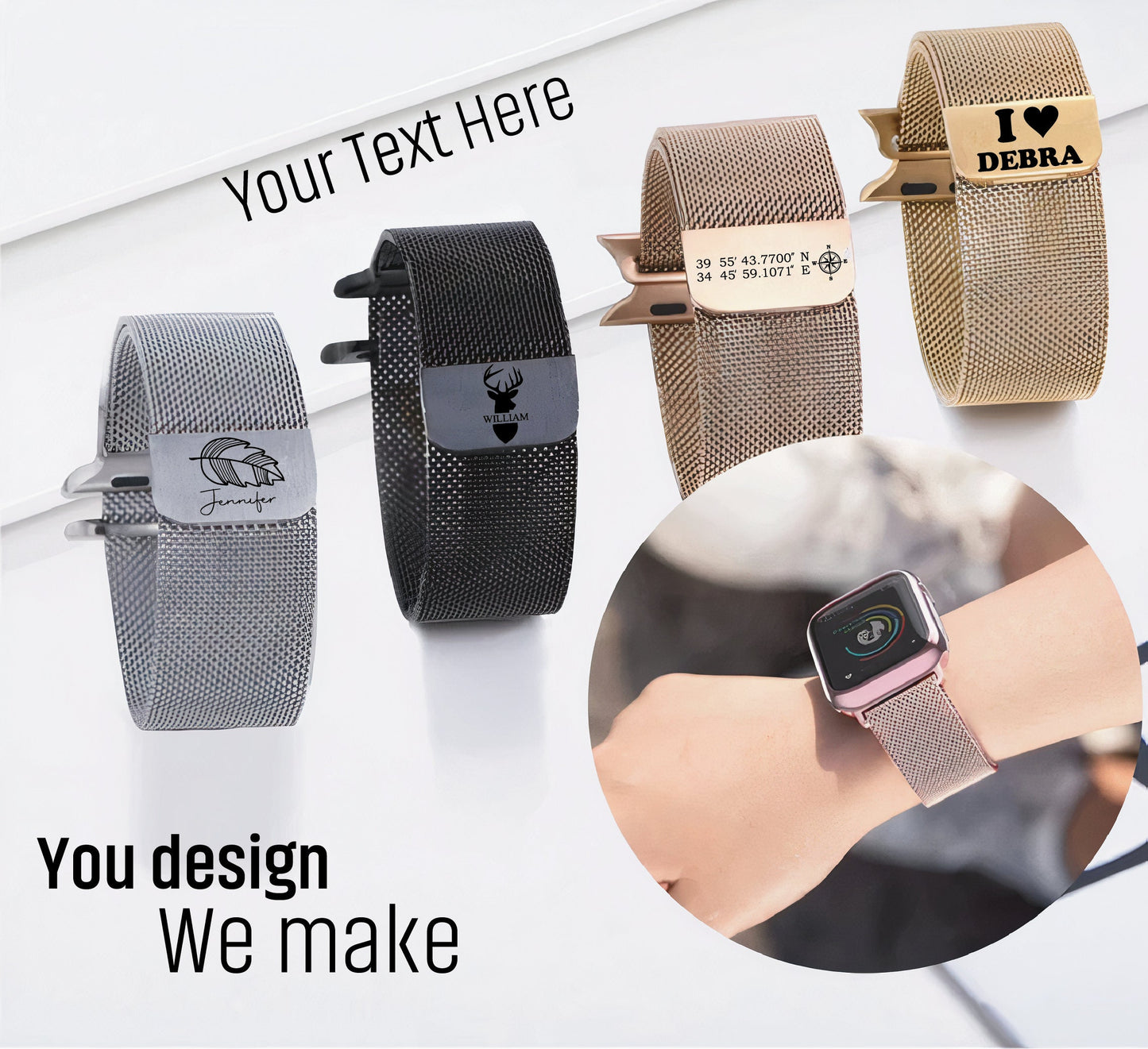 Customized Text Picture Logo Christmas Gift Stainless Steel Text Image Emoji Engraved Watch Band Compatible With Apple Watch Series 1-10