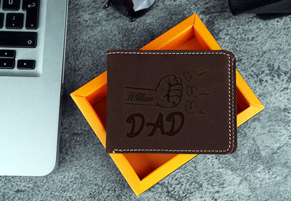 Fist Bump Dad Kids Leather Wallet, Christmas Gift, Custom Family Name Wallet, Father's Day Gift For Daddy, Personalized Names Wallet