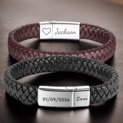 Men's Custom Bracelet for Christmas, Kids Name Bracelet, Handmade Leather Jewelry with Silver Bracelet, Fathers Day Bracelet