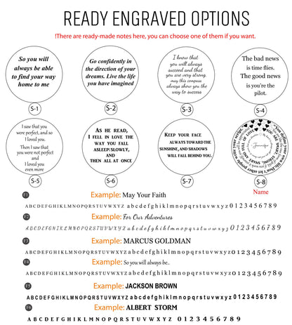 May include: A graphic showing different options for engraving on a round metal disc. The options include quotes about love, life, and success. The graphic also includes a list of letters and numbers for personalization.