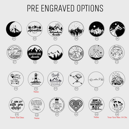 May include: A black and white image showing 24 different pre-engraved options for a round wooden disc. The options include various designs such as mountains, a lighthouse, a heart, a compass, a tent, a bride to be, a heart with a crown, a knot, and a family with the text "We Love You Dad".