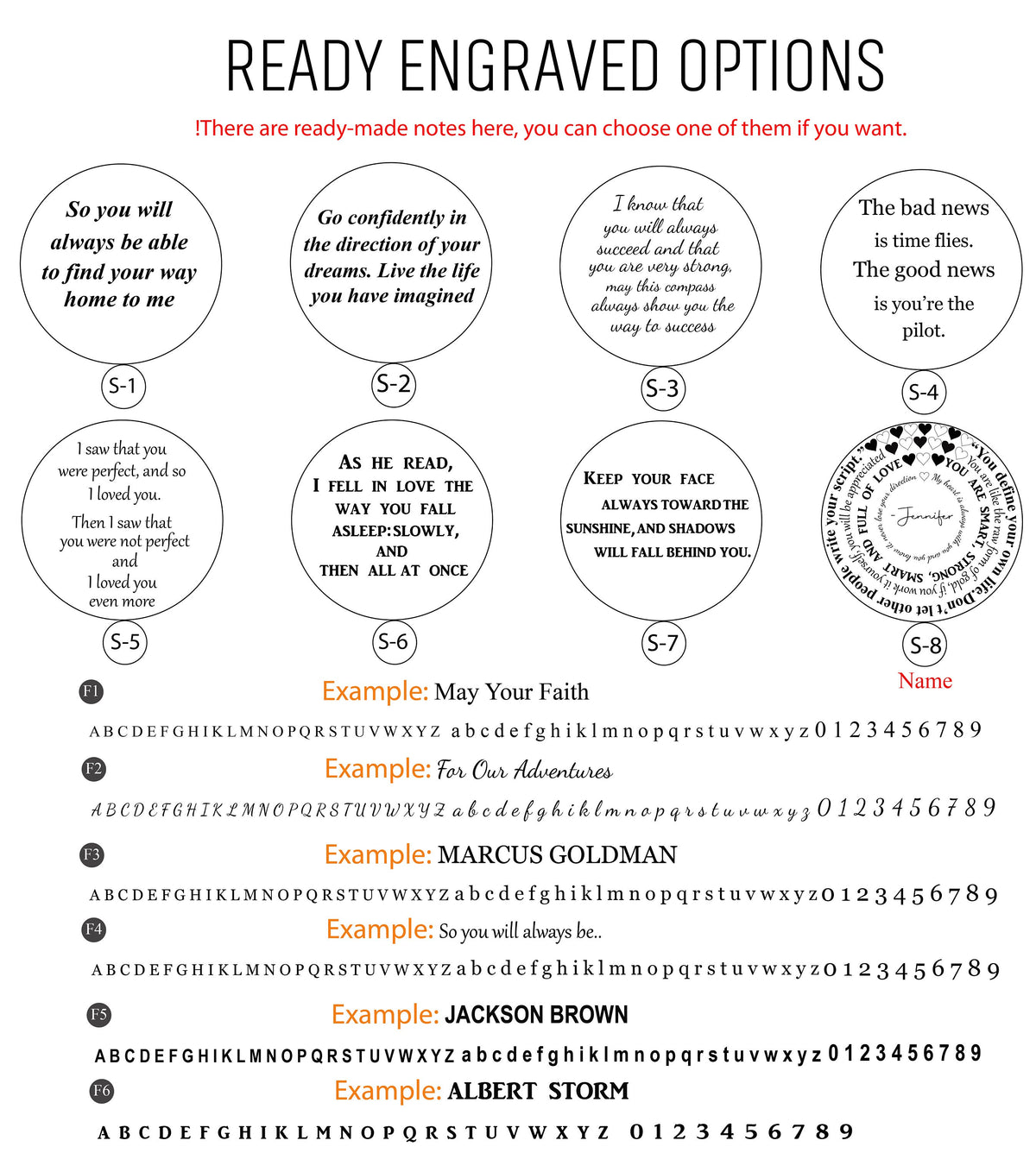 May include: A graphic showing different options for engraving on a round metal disc. The options include quotes about love, life, and success. The graphic also includes a list of letters and numbers for personalization.