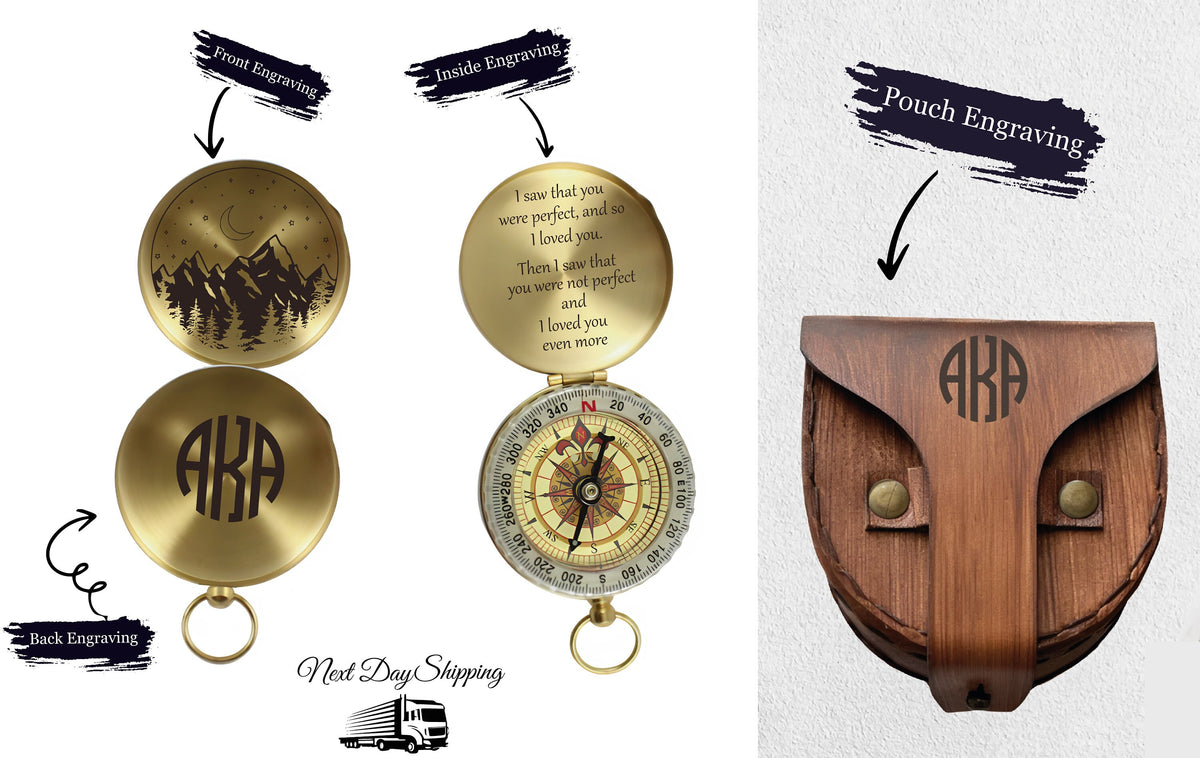 May include: A gold compass with a black mountain and moon design on the front, a monogram on the back, and a quote on the inside. The compass comes with a brown leather pouch with a monogram.