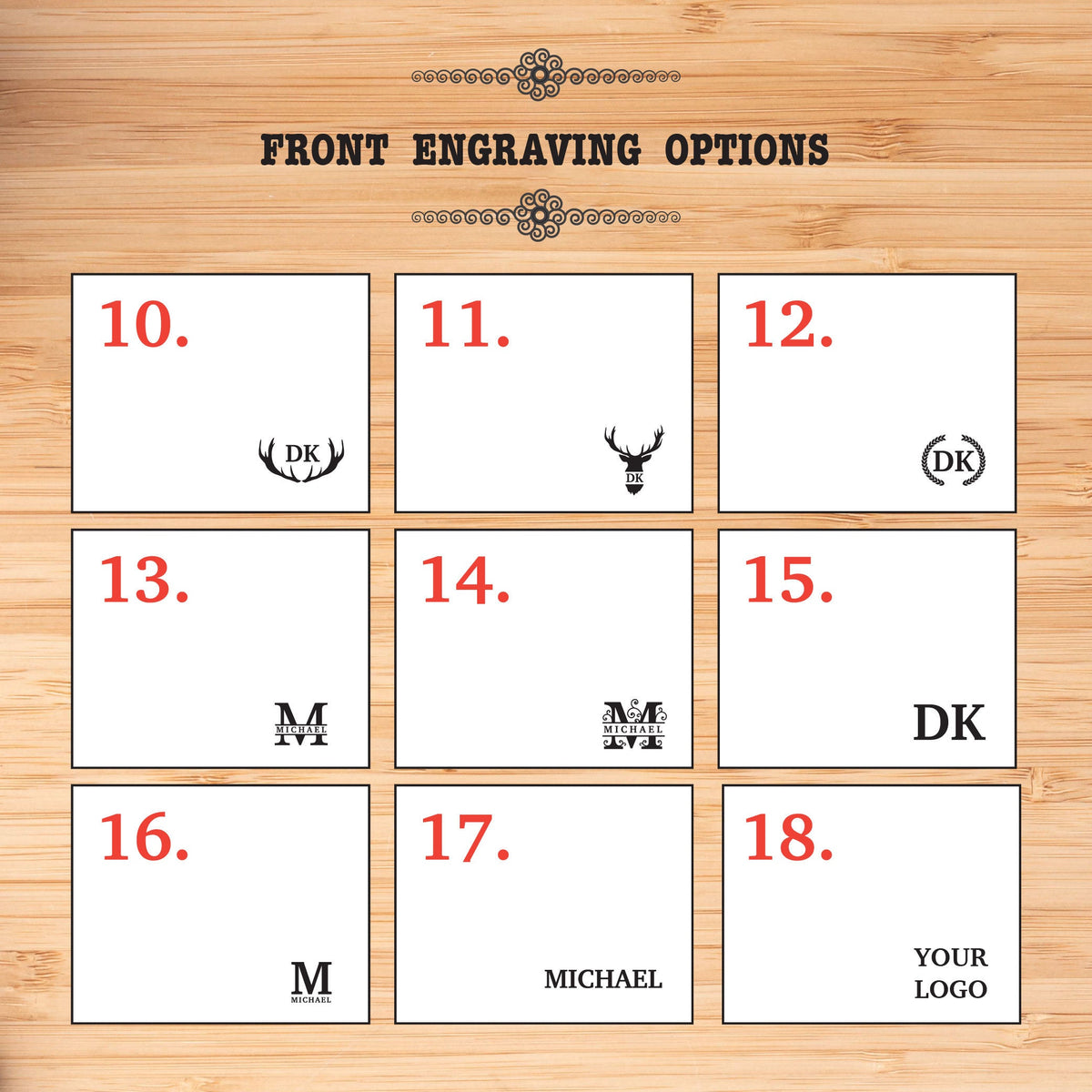 May include: A chart with 18 different engraving options for a personalized gift. The options include initials, names, and logos. The chart is on a wood background.