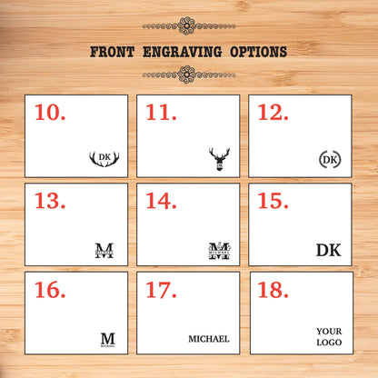 May include: A chart with 18 different engraving options for a personalized gift. The options include initials, names, and logos. The chart is on a wood background.