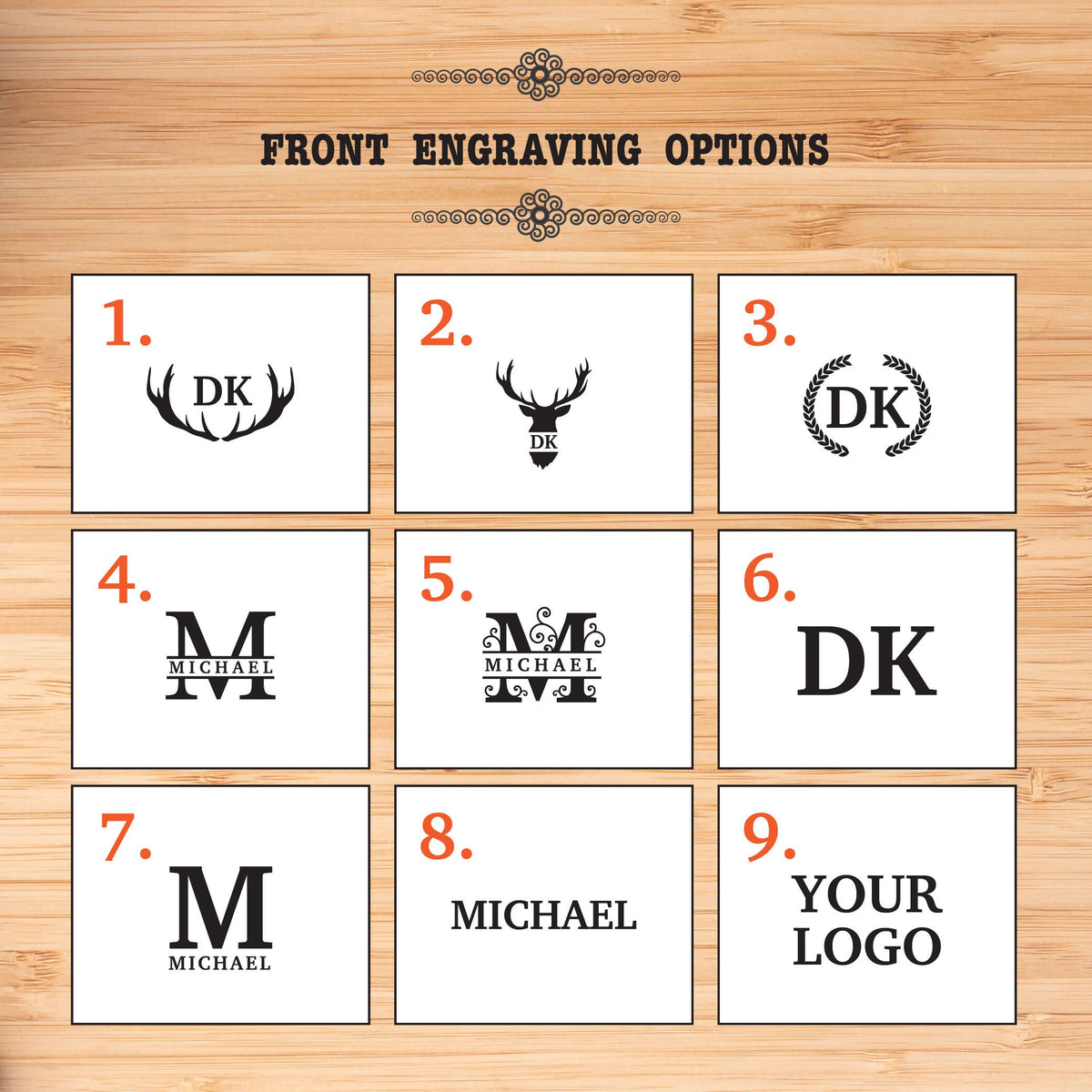 May include: Nine different engraving options for a personalized gift. Options include initials, names, and a deer silhouette.  The text "FRONT ENGRAVING OPTIONS" is at the top of the image.