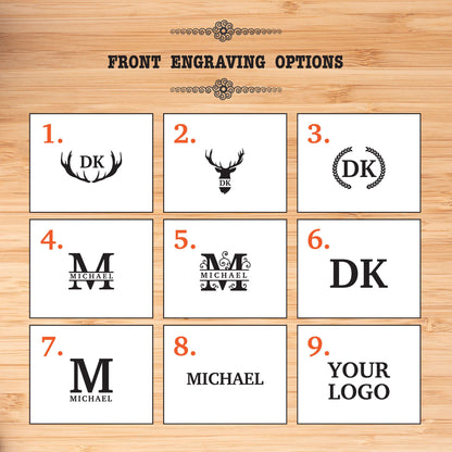 May include: Nine different engraving options for a personalized gift. Options include initials, names, and a deer silhouette.  The text "FRONT ENGRAVING OPTIONS" is at the top of the image.
