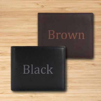 May include: Two leather wallets, one black and one brown, with the words "Black" and "Brown" embossed on them.