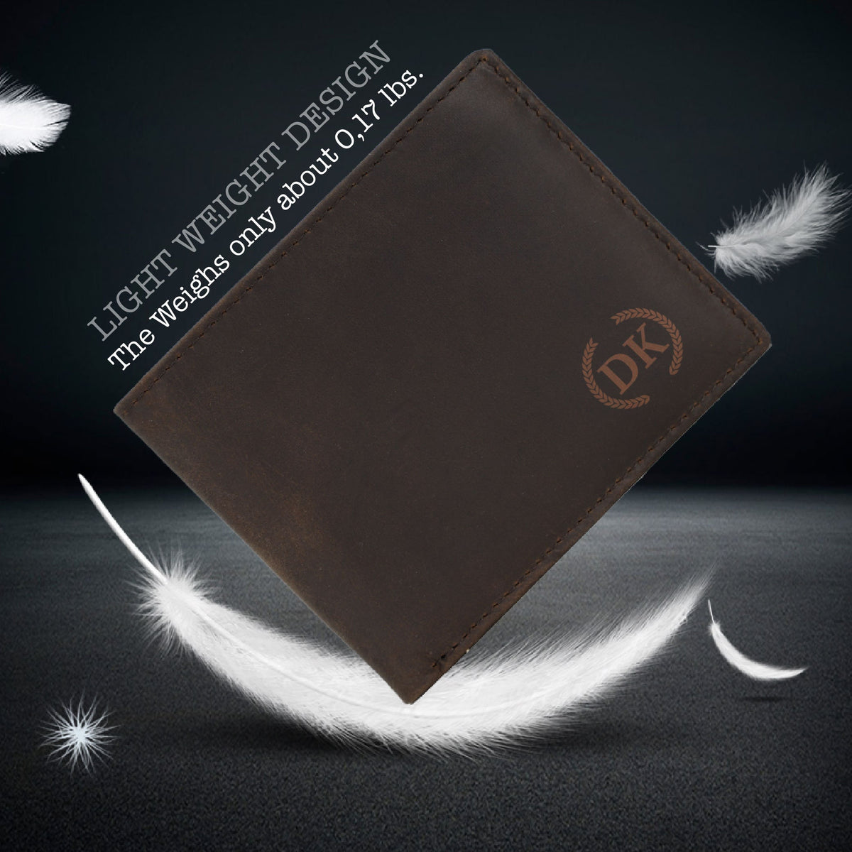 May include: A brown leather wallet with the initials "DK" embossed in gold on the front. The wallet is lightweight, weighing only 0.17 lbs. "LIGHT WEIGHT DESIGN The Weighs only about 0.17 lbs." is written on the top of the wallet.