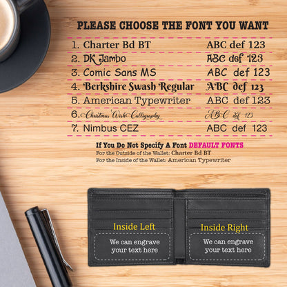 May include: A black leather wallet with two sections, labeled "Inside Left" and "Inside Right". The text "We can engrave your text here" is displayed in each section. The image also shows a list of fonts to choose from for engraving, with a sample of each font.