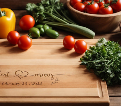 May include: A wooden cutting board with the text "Bert & Mary February 23, 2023" engraved on it. The board is surrounded by tomatoes, parsley, and a yellow bell pepper.