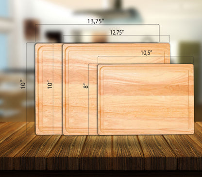 May include: Three wooden cutting boards of different sizes. The largest board is 13.75 inches by 12.75 inches, the middle board is 10.5 inches by 8 inches, and the smallest board is 10 inches by 10 inches.
