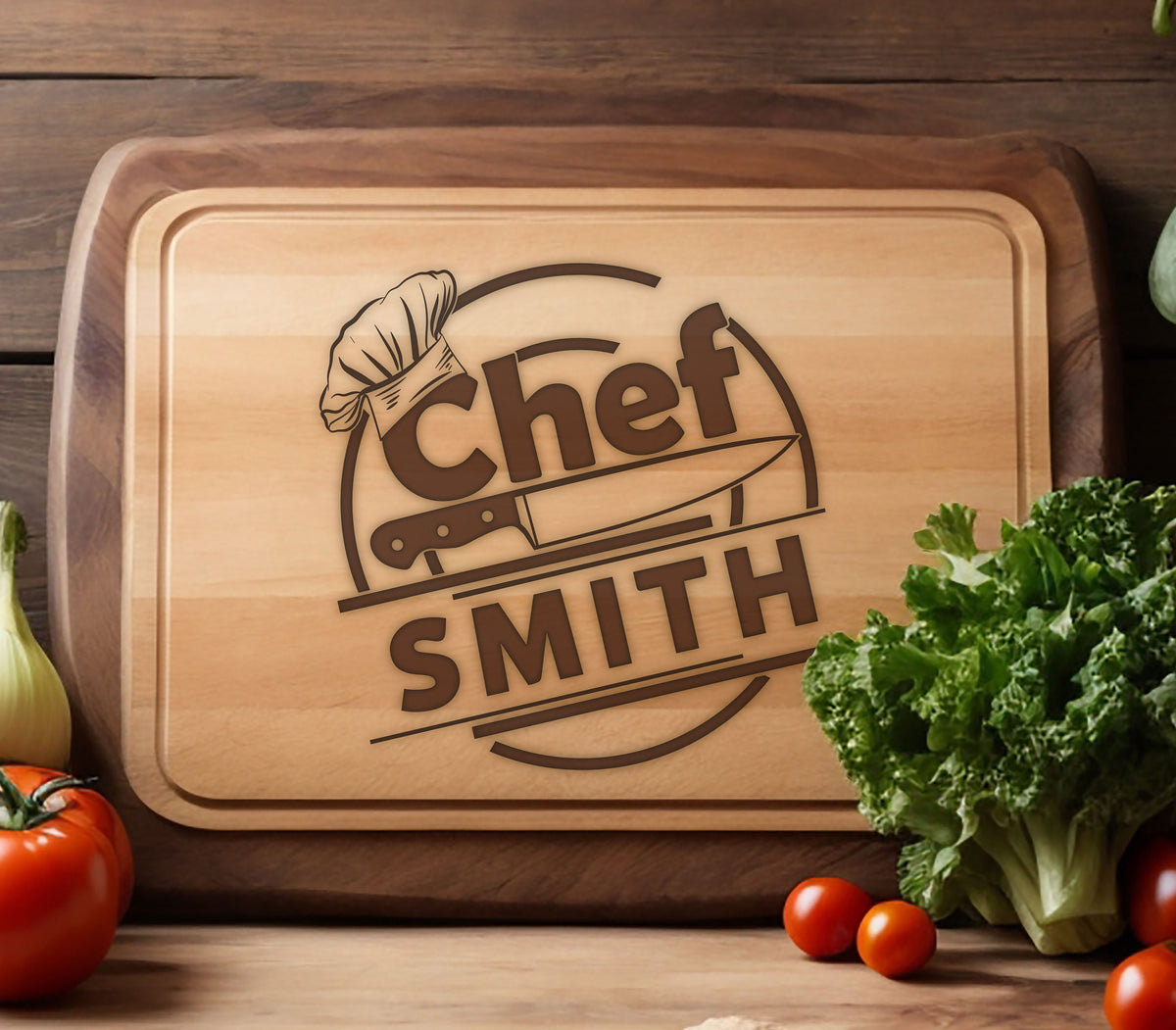 May include: A personalized wooden cutting board with a brown chef hat and knife design. The text "Chef Smith" is engraved on the board.