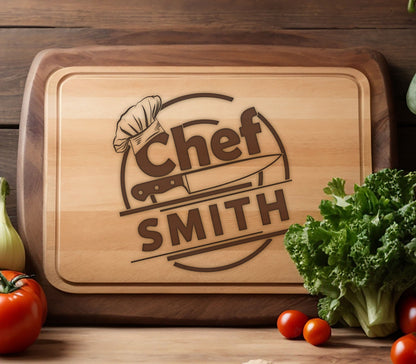 May include: A personalized wooden cutting board with a brown chef hat and knife design. The text "Chef Smith" is engraved on the board.