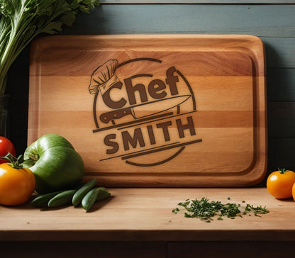 May include: A wooden cutting board with a personalized design. The design features a chef's hat, a knife, and the text "Chef SMITH".