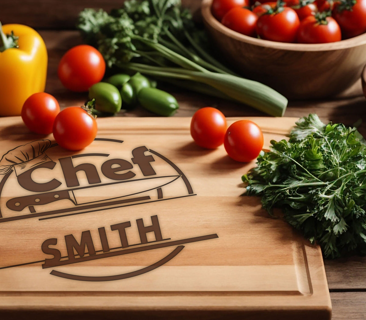 May include: A wooden cutting board with a personalized inscription that reads "Chef Smith". The board is surrounded by fresh vegetables, including tomatoes, parsley, and green onions.
