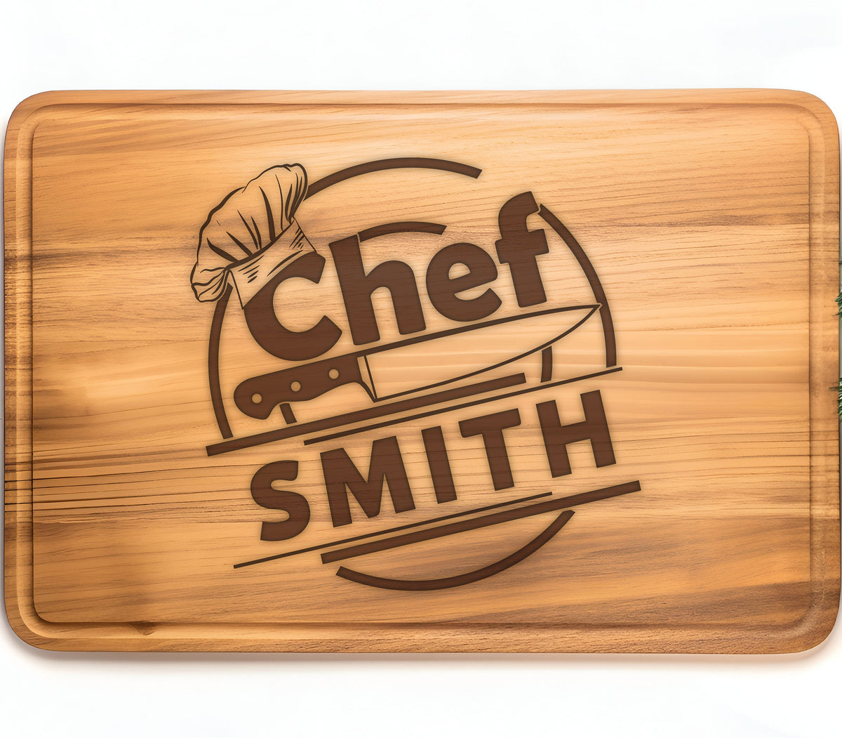 May include: A personalized wooden cutting board with the text "Chef SMITH" in a circle with a chef's hat and knife graphic.