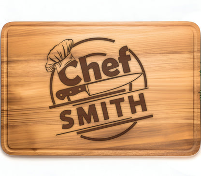 May include: A personalized wooden cutting board with the text "Chef SMITH" in a circle with a chef's hat and knife graphic.