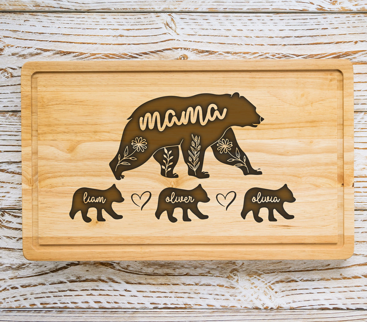 Personalized mama bear engraved bamboo cutting board featuring floral bear silhouette with custom cub names laser engraved — heartfelt Mother's Day or birthday gift for mom, eco-friendly bamboo wood kitchen gift