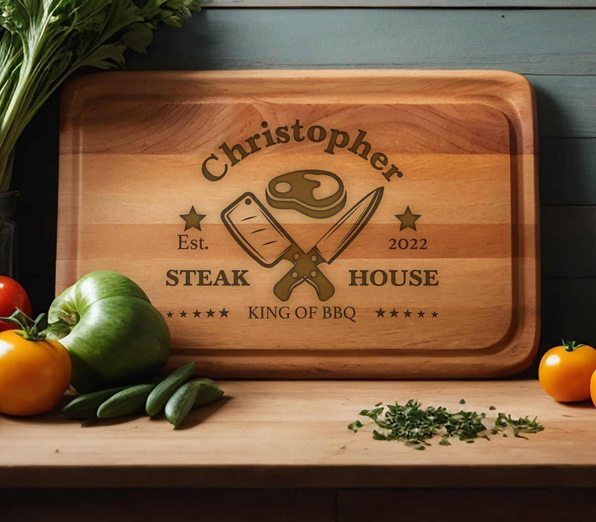 May include: Personalized wooden cutting board with the text "Christopher Steak House Est. 2022 King of BBQ" and a graphic of crossed butcher knives and a steak.
