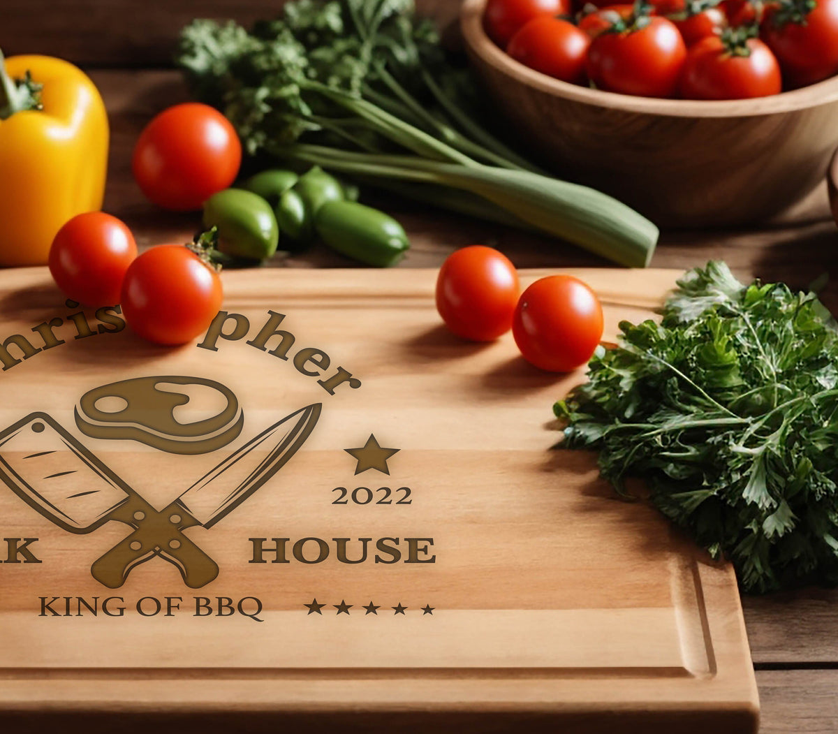 May include: A wooden cutting board with the text "Christopher House 2022 King of BBQ" engraved on it. The board is surrounded by tomatoes, parsley, and other vegetables.
