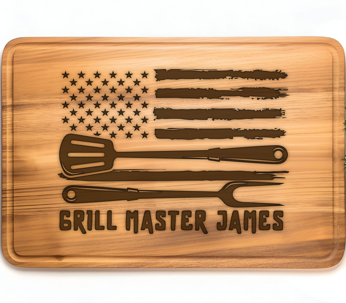 May include: A wooden cutting board with an American flag design, a spatula, a fork, and the text "Grill Master James".