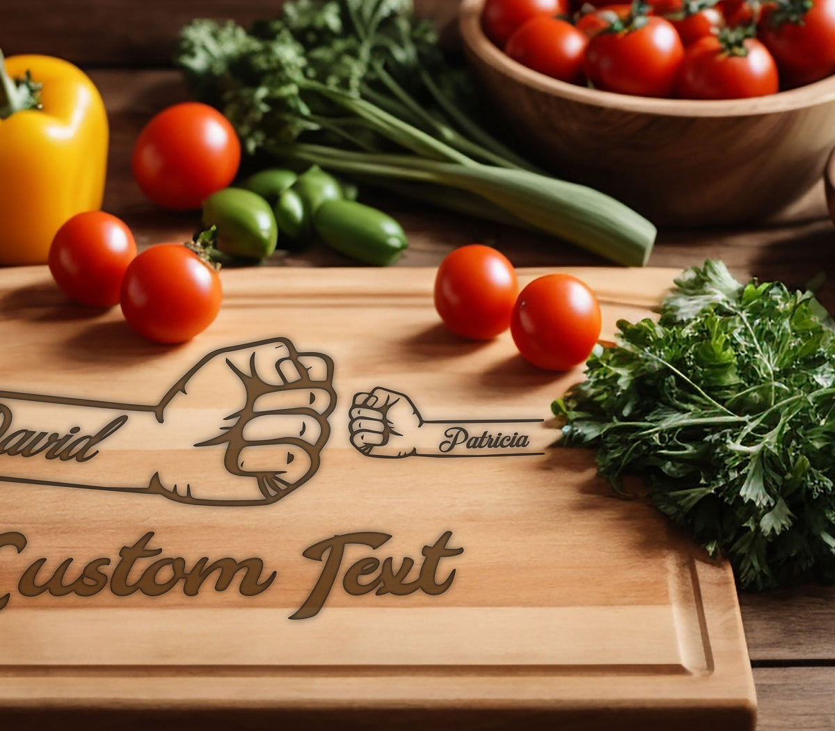 May include: A wooden cutting board with a personalized message that reads "David & Patricia Custom Text". The board features two stylized fists bumping together.