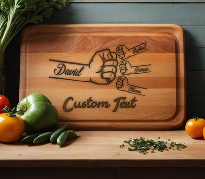 May include: A wooden cutting board with a design of five fists, each with a name engraved on it: David, Richard, Patricia, Thomas, and Custom Text. The board is light brown with a natural wood grain.