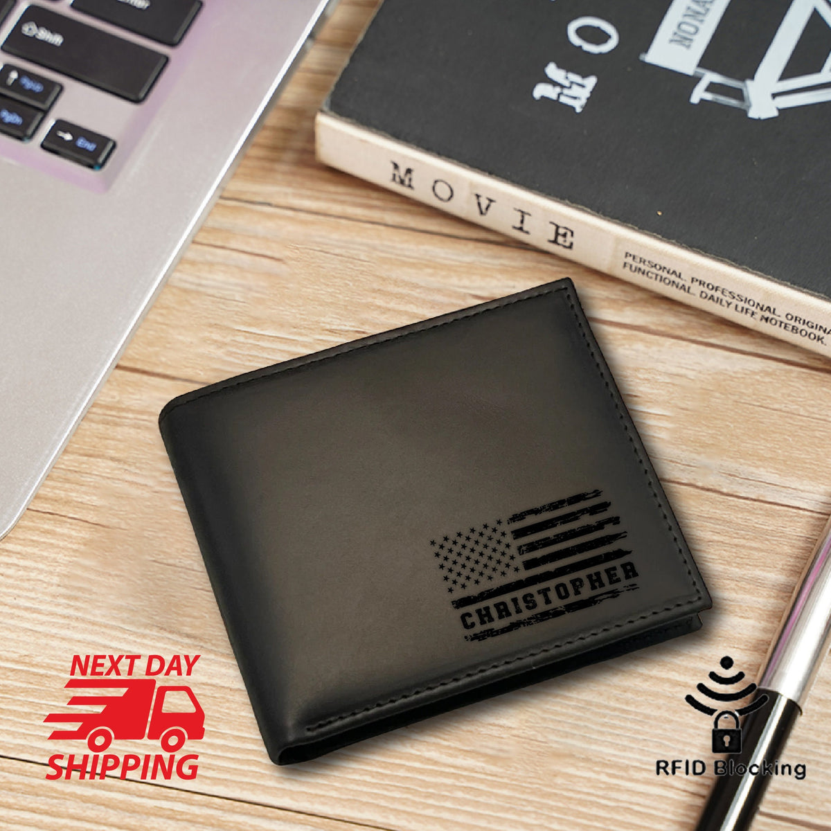 May include: Black leather wallet with a distressed American flag design and the name "CHRISTOPHER" engraved on it. The wallet has RFID blocking technology.