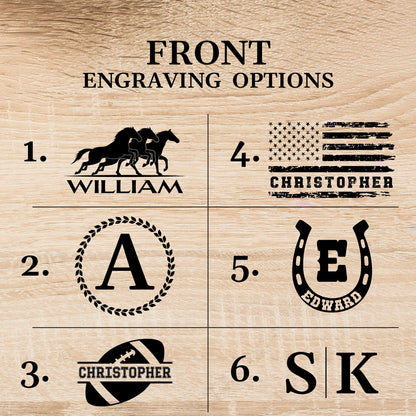 May include: Six different engraving options for a wooden sign. Option 1 shows three horses running with the name "WILLIAM" below. Option 2 shows a letter "A" inside a wreath. Option 3 shows a football with the name "CHRISTOPHER" on it. Option 4 shows a distressed American flag with the name "CHRISTOPHER" below. Option 5 shows a horseshoe with the letter "E" and the name "EDWARD" below. Option 6 shows the letters "S" and "K" side by side.