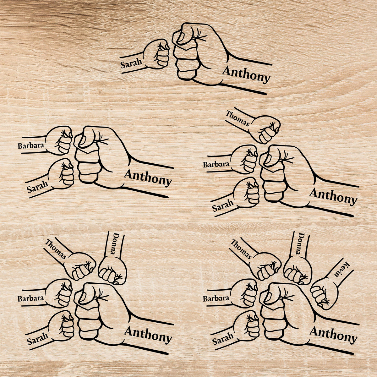 May include: A black and white graphic design featuring multiple fist bump illustrations. Each illustration includes the name "Anthony" with other names such as "Sarah", "Barbara", "Thomas", "Donna", and "Kevin". The background is a light wood grain.