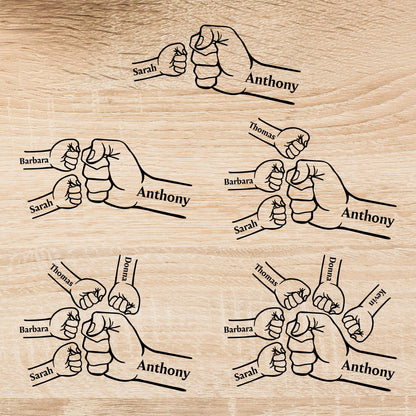 May include: A black and white graphic design featuring multiple fist bump illustrations. Each illustration includes the name "Anthony" with other names such as "Sarah", "Barbara", "Thomas", "Donna", and "Kevin". The background is a light wood grain.