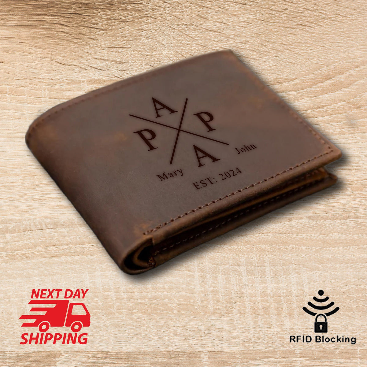 May include: Brown leather wallet with a personalized monogram and the text "Mary John EST: 2024". The wallet has RFID blocking technology.