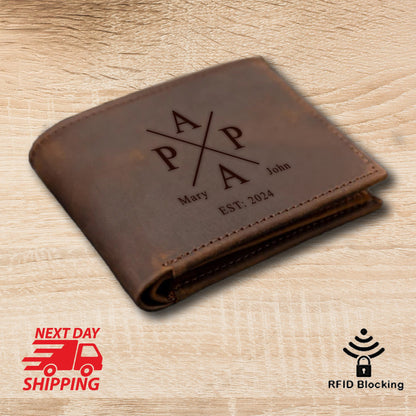 May include: Brown leather wallet with a personalized monogram and the text "Mary John EST: 2024". The wallet has RFID blocking technology.