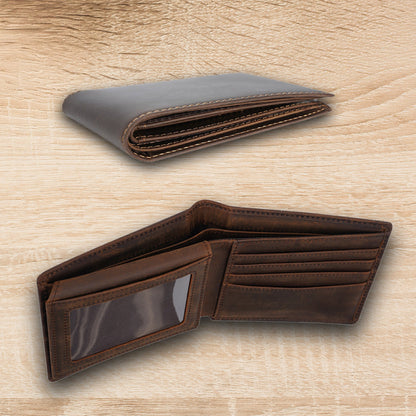 May include: A brown leather wallet with multiple card slots and a clear ID window. The wallet is open and folded in half, revealing the interior.