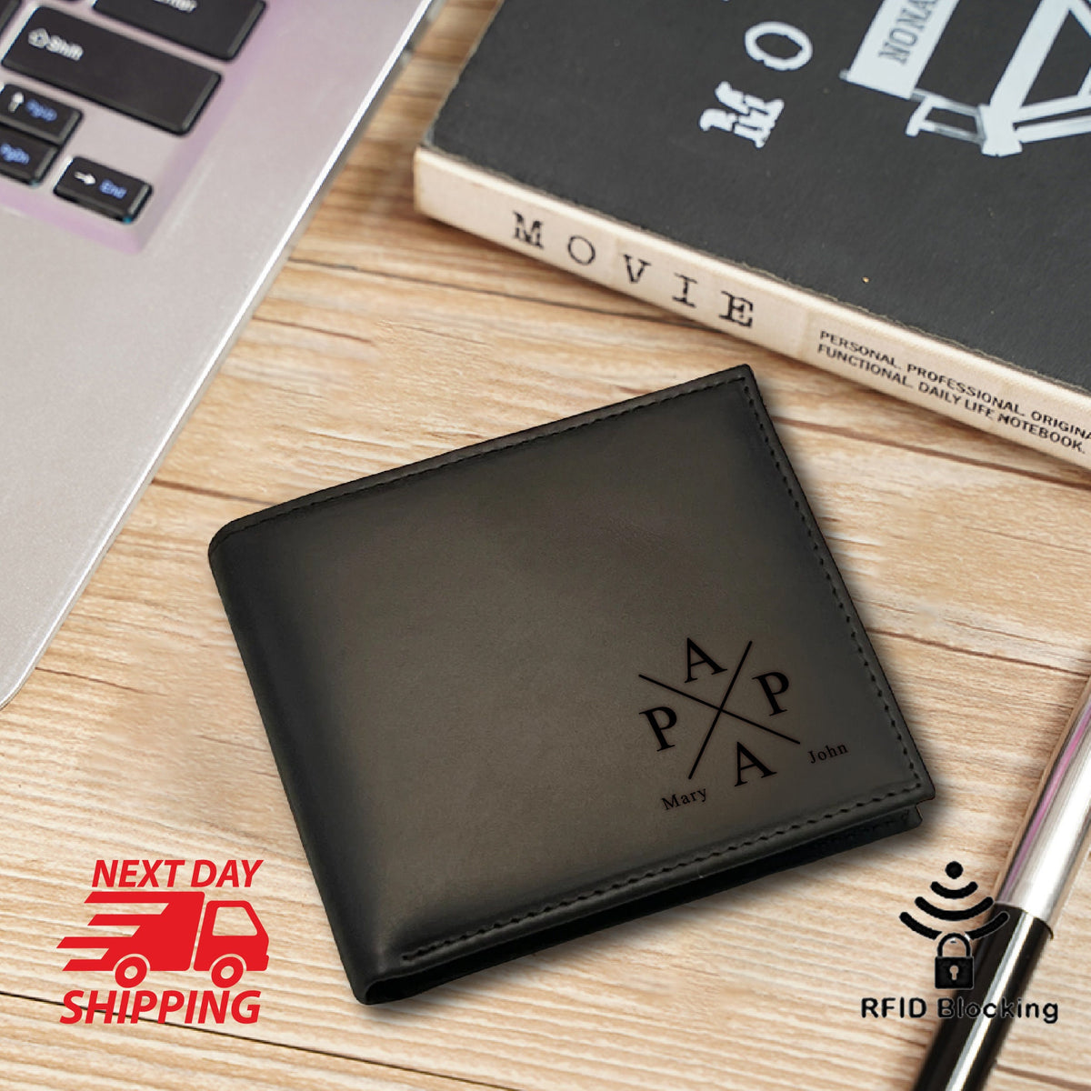 May include: Black leather wallet with RFID blocking technology. The wallet has a personalized inscription with the initials "PAP" and the names "Mary" and "John".
