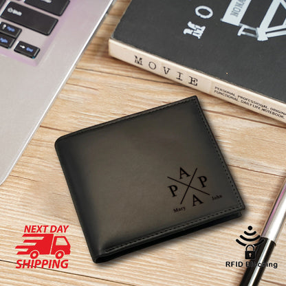 May include: Black leather wallet with RFID blocking technology. The wallet has a personalized inscription with the initials "PAP" and the names "Mary" and "John".