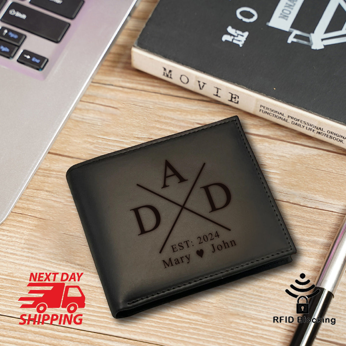 May include: Black leather wallet with a personalized inscription that reads "A D X D Est: 2024 Mary John". The wallet has RFID blocking technology.
