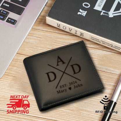 May include: Black leather wallet with a personalized inscription that reads "A D X D Est: 2024 Mary John". The wallet has RFID blocking technology.