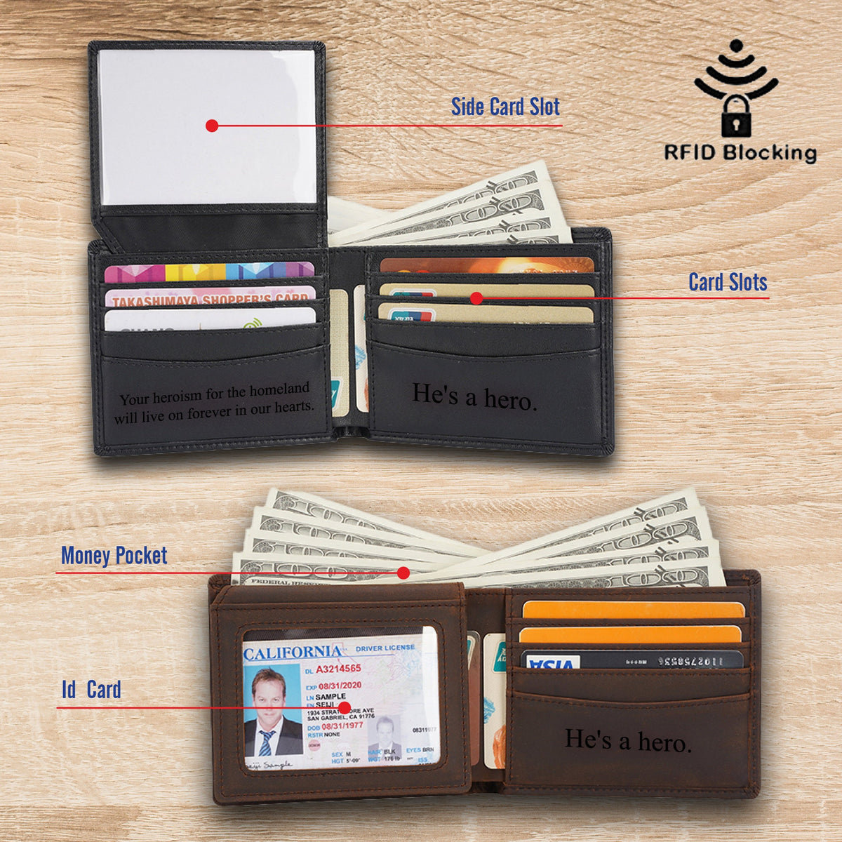 May include: A black leather wallet with multiple card slots, a money pocket, and a side card slot. The wallet has a clear window for an ID card and features the text "He's a hero." The wallet also has RFID blocking technology.