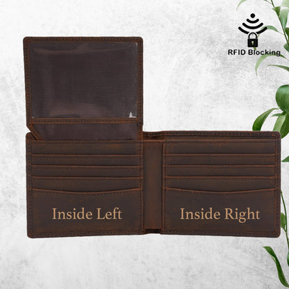 May include: A brown leather wallet with RFID blocking technology. The wallet is open to show the inside, which has multiple card slots and a clear ID window. The left side of the wallet is labeled "Inside Left" and the right side is labeled "Inside Right".