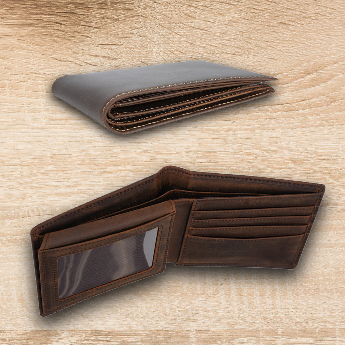 May include: A brown leather wallet with multiple card slots and a clear ID window. The wallet is open and folded in half, revealing the interior.