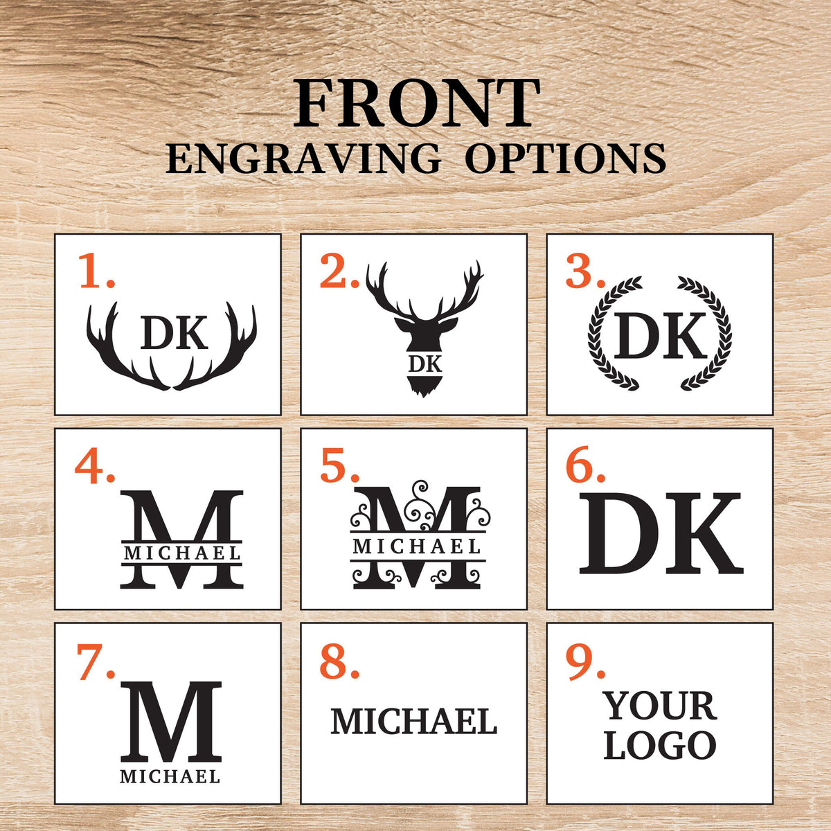 May include: Image showcasing nine front engraving options. The options include initials, names, and logos in various fonts and designs. The text "FRONT ENGRAVING OPTIONS" is displayed at the top.