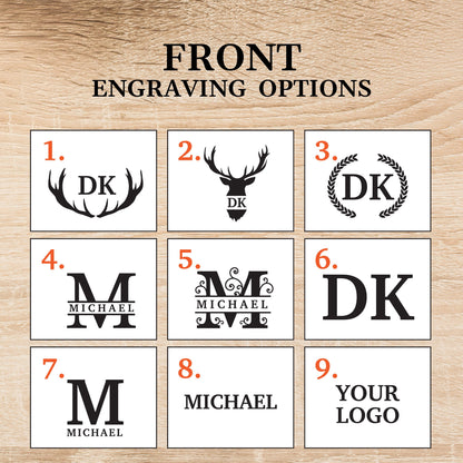 May include: Image showcasing nine front engraving options. The options include initials, names, and logos in various fonts and designs. The text "FRONT ENGRAVING OPTIONS" is displayed at the top.